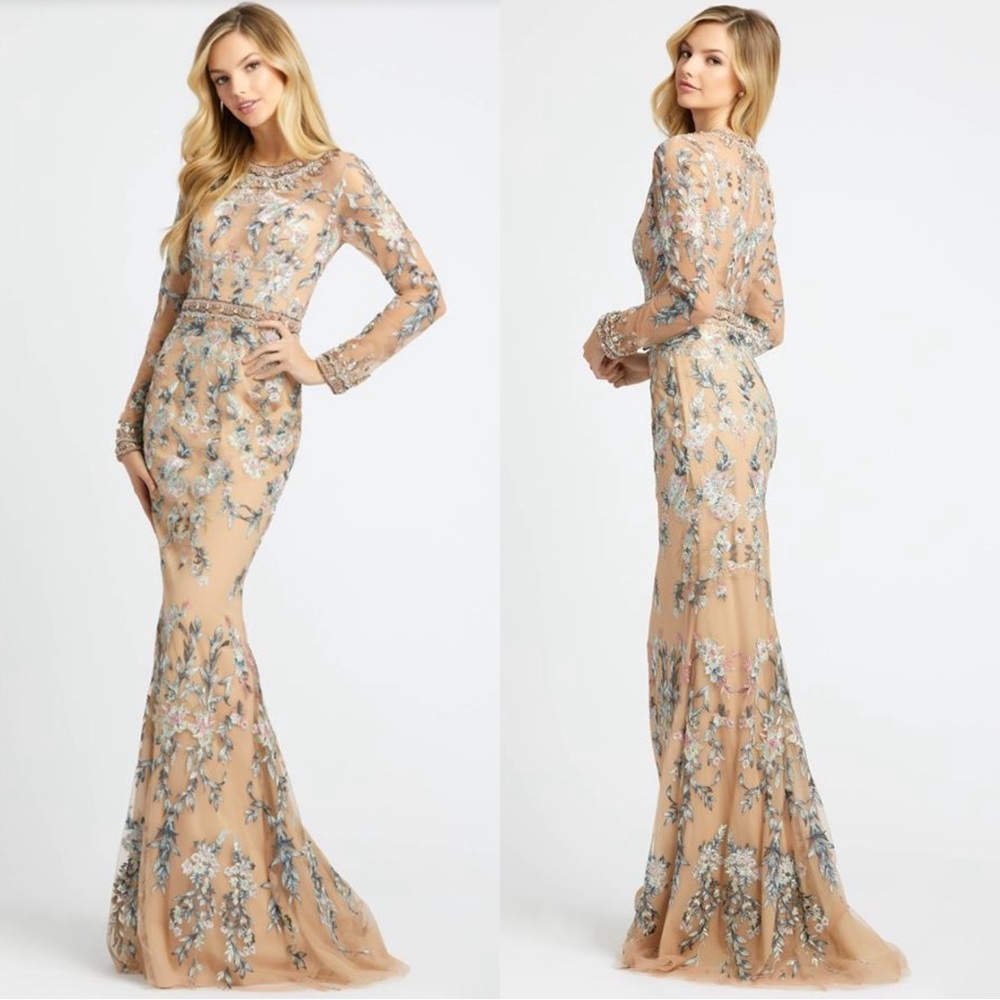 Mac Duggal Floral Embellished Long Sleeve Dress in Nude and Blue
